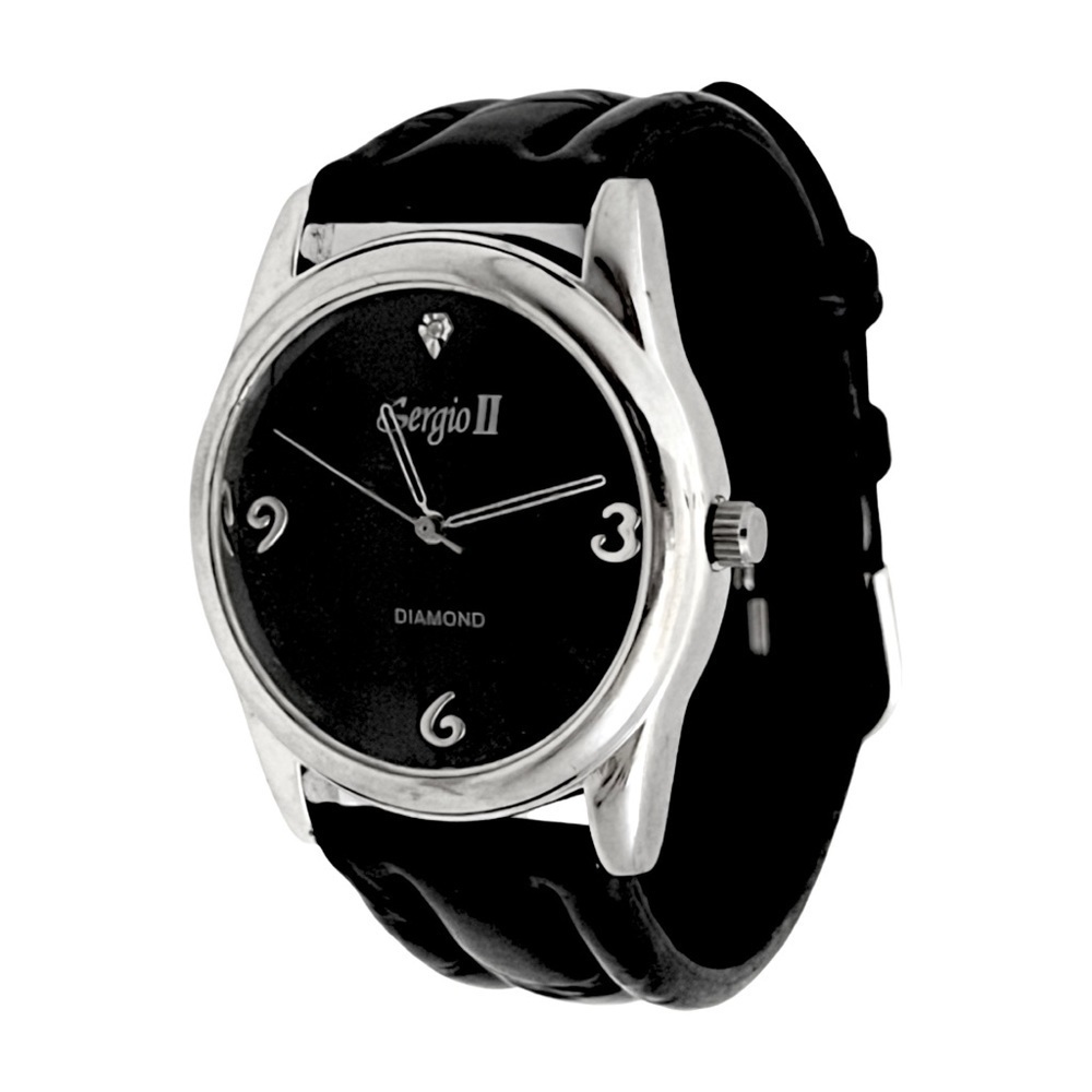 SERGIO ll • Vintage Diamond Watch Black Leather Band New Battery Ready To Wear